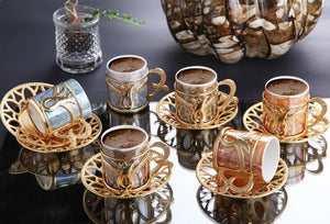 12 Pieces Turkish Coffee Cups Espresso Porcelain Demitasse Cup Saucer Black Cups (Gold) Vintage Arabic Gift Set