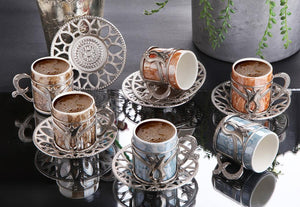 12 Pieces Turkish Coffee Cups Espresso Porcelain Demitasse Cup Saucer Black Cups (Gold) Vintage Arabic Gift Set
